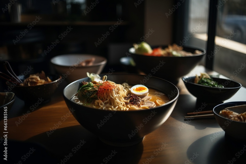 Japanese tonkotsu ramen bowl on dinner, generative ai Japanese tonkotsu ramen bowl on dinner, generative ai