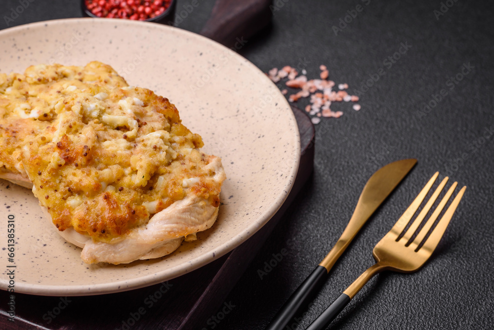 Delicious meat fried with Dijon mustard with salt, spices and herbs Delicious meat fried with Dijon mustard with salt, spices and herbs