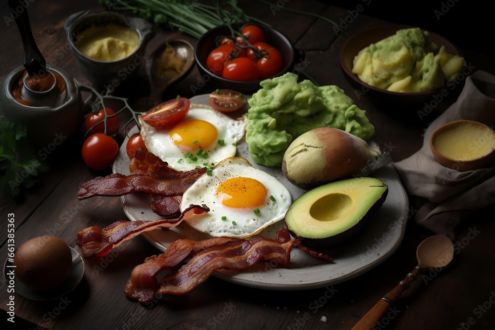keto breakfast plate with eggs bacon and avocado, generative ai keto breakfast plate with eggs bacon and avocado, generative ai