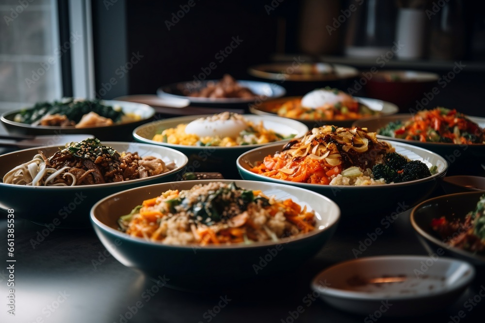 korean bibimbap bowl on table top, asian dish, keto, generative ai - obrazy, fototapety, plakaty 