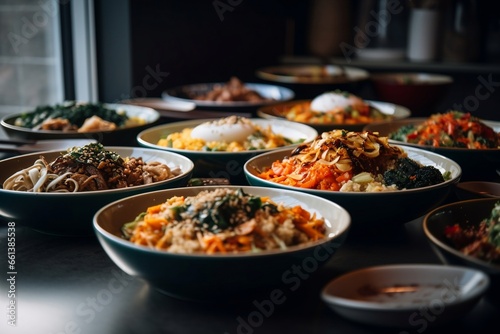 korean bibimbap bowl on table top, asian dish, keto, generative ai photo