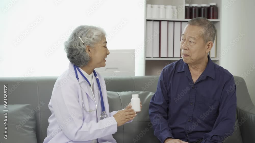 A female doctor is giving advice to an elderly man in the waiting room. Relaxed atmosphere Concept of health care, mental health A female doctor is giving advice to an elderly man in the waiting room. Relaxed atmosphere Concept of health care, mental health