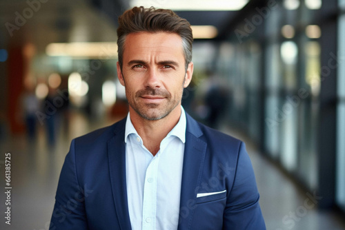 Handsome businessman wearing elegant suit at the office center.