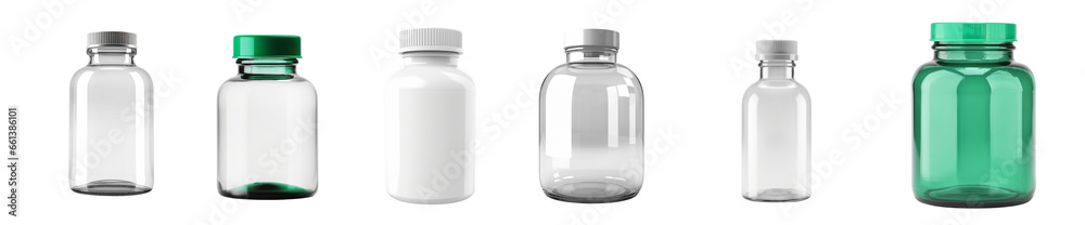 Set of empty bottles for medicines, pills, liquids, isolated. Generative AI. Set of empty bottles for medicines, pills, liquids, isolated. Generative AI.