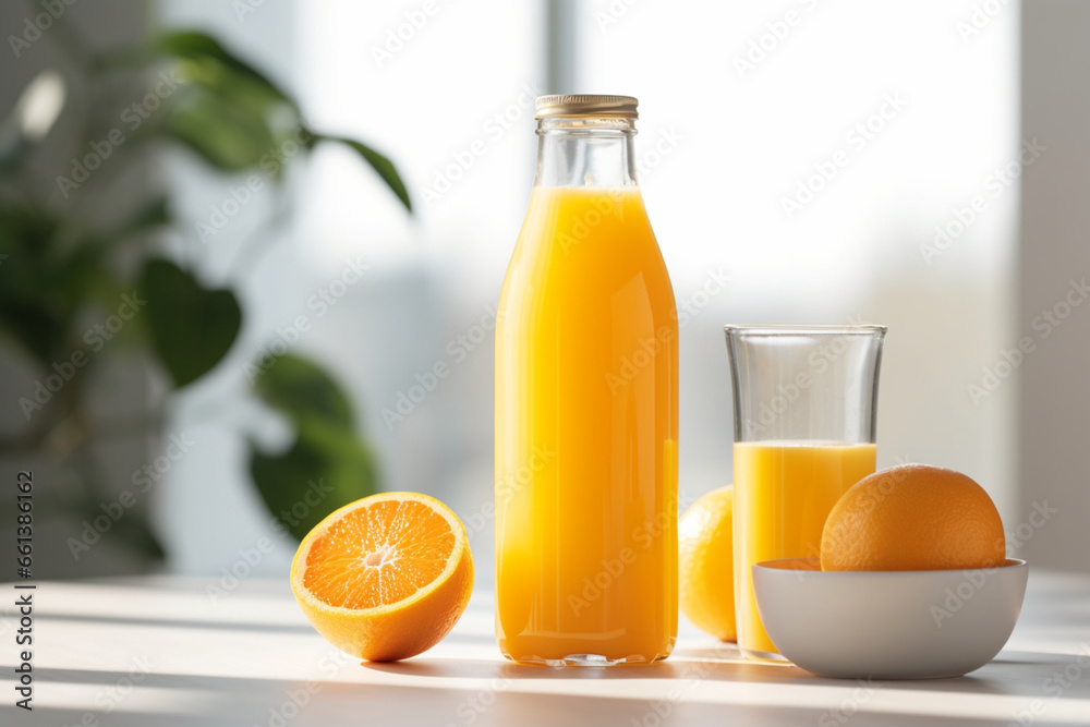 Orange Juice Bottle and Glass with Fruits Orange Juice Bottle and Glass with Fruits