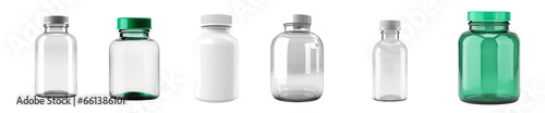 Set of empty bottles for medicines, pills, liquids, isolated. Generative AI.