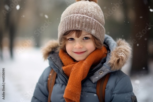 Cute kid boy portrait. Child in a winter park. AI generated