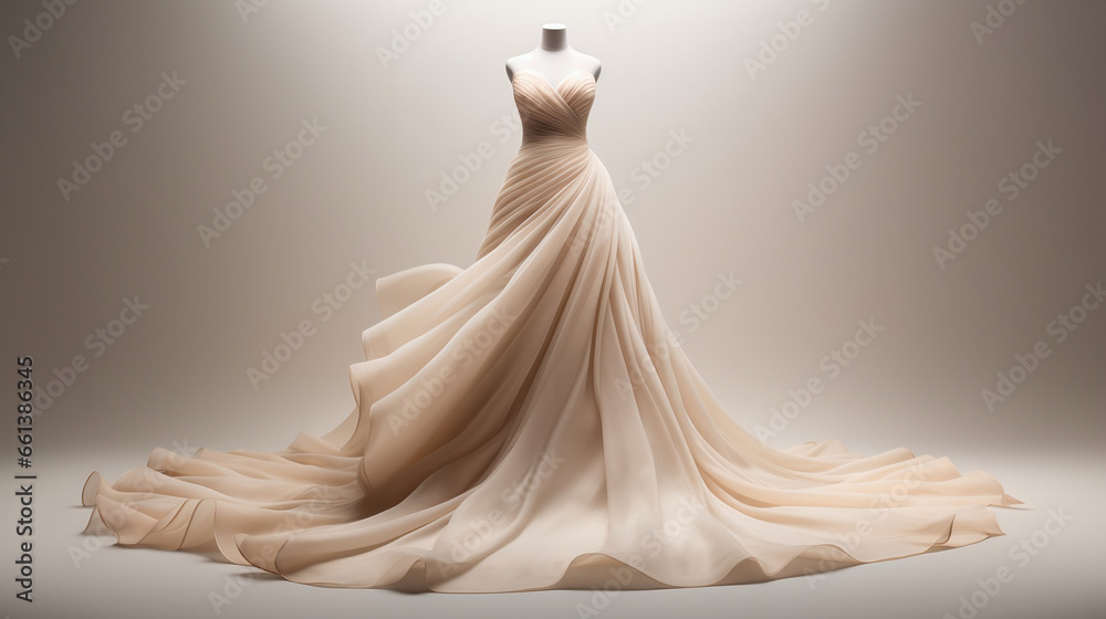 Wide and elegant model wedding dress made of silk displayed on mannequin on a white background Wide and elegant model wedding dress made of silk displayed on mannequin on a white background