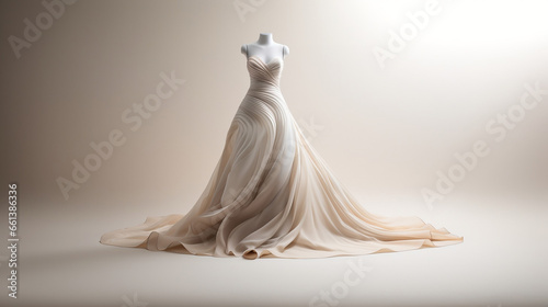 Wide and elegant model wedding dress made of silk displayed on mannequin on a white background