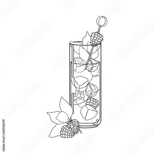 Blackberry rum raven cocktail outline isolated on white background. Fall Halloween Alcoholic drink with ice, lemon juice and blackberries. Autumn beverage vector black line illustration