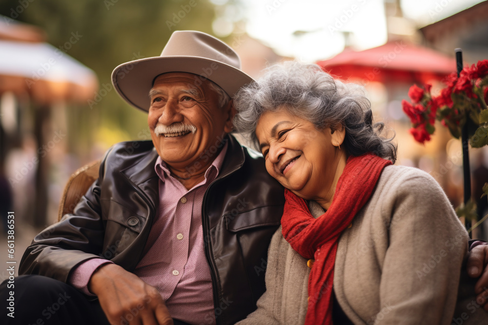 Elderly Hispanic couple in love enjoying retirement. ai generative