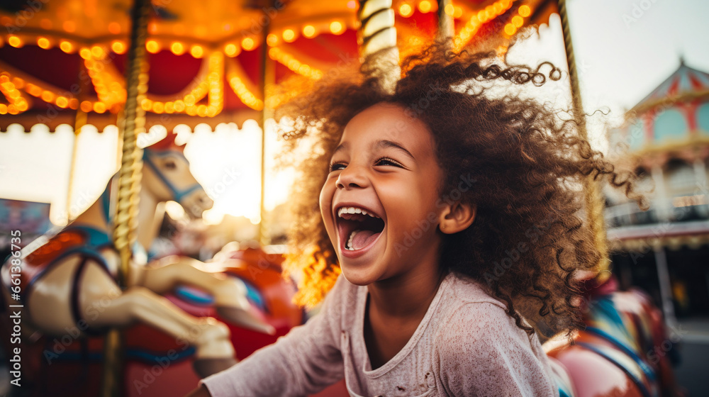 happy little girl rides on a carousel in an amusement park. ai generative