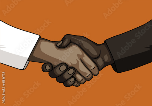 Handshake. Male asian and african businessmen shook hands, vector illustration