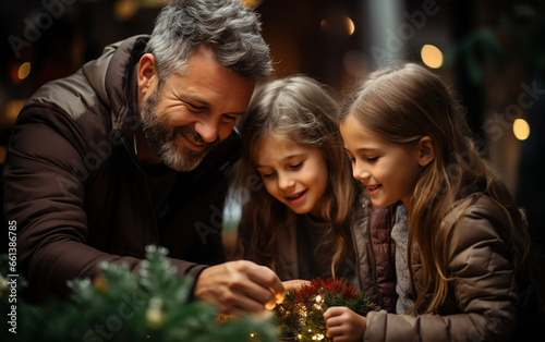 Dad with his little girls decorate the Christmas tree, moments of joy, Christmas theme