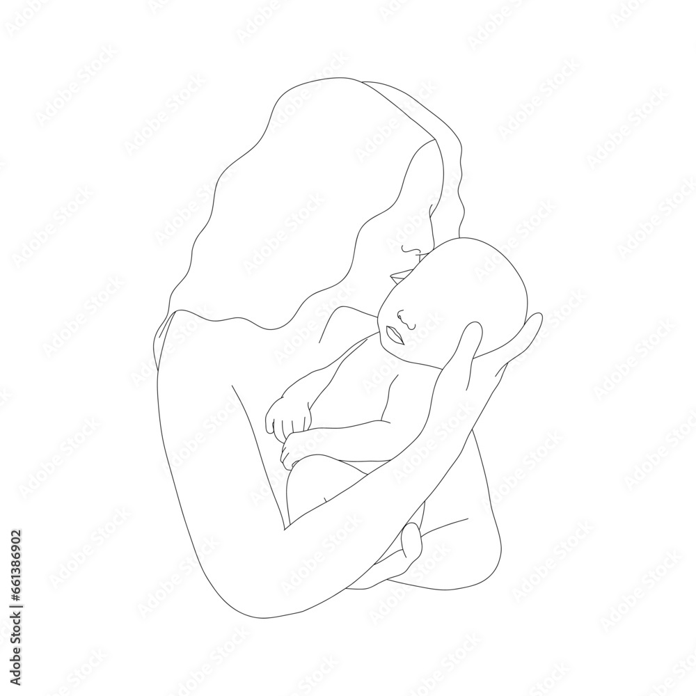 Abstract family silhouette. Happy mom kissing her newborn baby. One line art. Minimalistic vector illustration. Mother and child in linear style.
