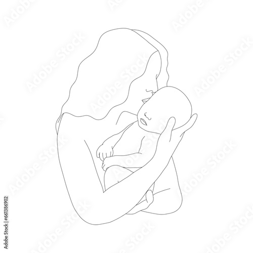 Abstract family silhouette. Happy mom kissing her newborn baby. One line art. Minimalistic vector illustration. Mother and child in linear style.