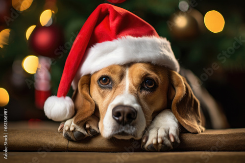 beagle dog wearing Santa hat lying under a Christmas tree