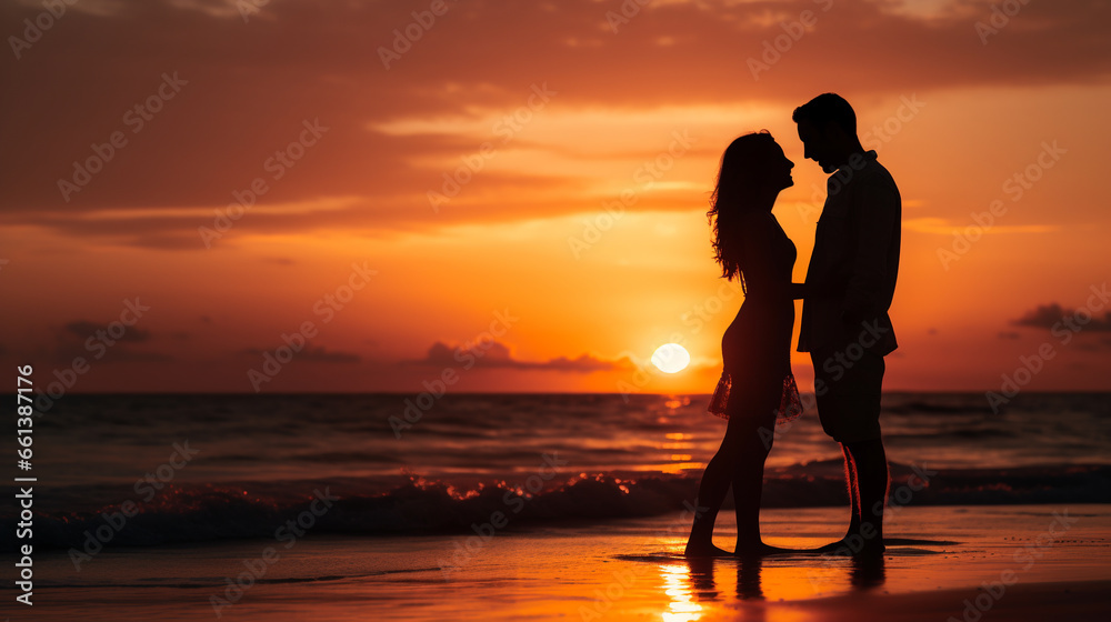 silhouette of a couple on the beach at sunset. ai generative