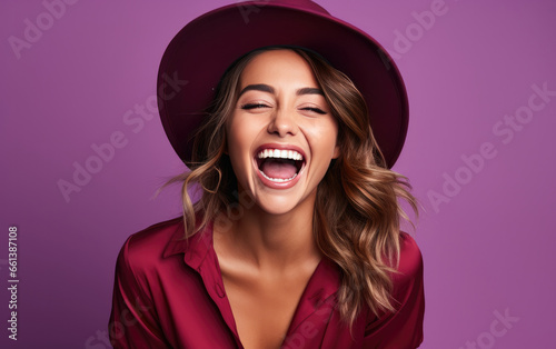 Laughing beauty girl with color clothes on solid color background.