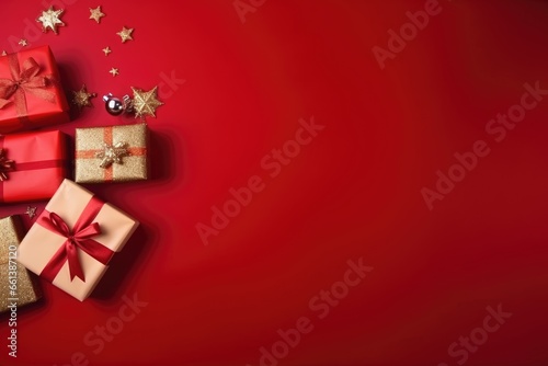 Christmas gift boxes on red background