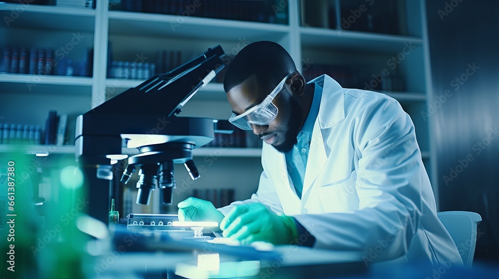 Scientists in lab coats and safety goggles working on chemistry experiments with test tubes, flasks, and microscopes in a modern research and development laboratory Scientists in lab coats and safety goggles working on chemistry experiments with test tubes, flasks, and microscopes in a modern research and development laboratory