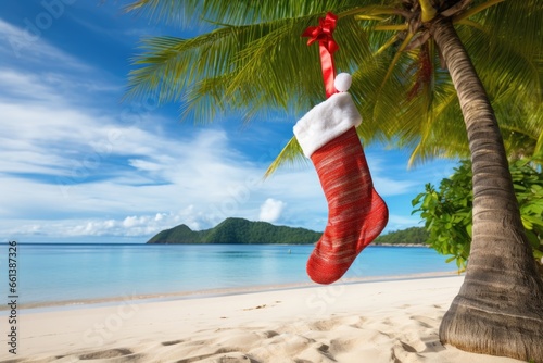 Christmas sock on palm tree at exotic tropical beach