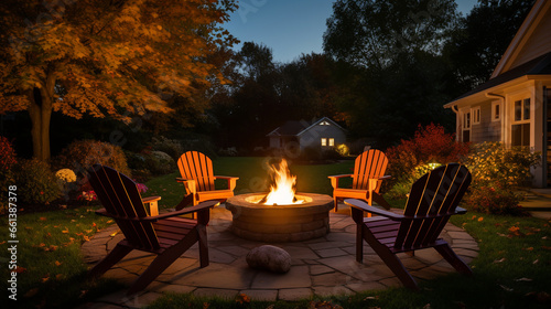 Outdoor fire pit in backyard with lounge chairs, autumn night. ai generative