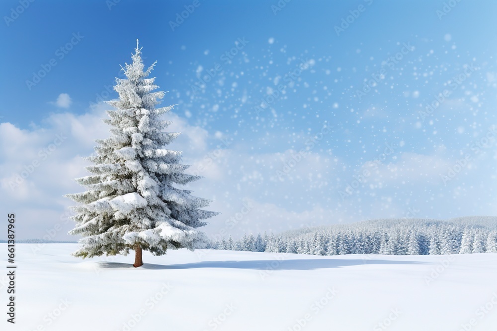 snowy pine tree in winter, in the style of bokeh panorama, generative ai