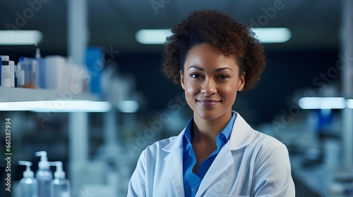 Black biochemist in white coat and protective glasses posing confidently in modern laboratory with scientific equipment photo