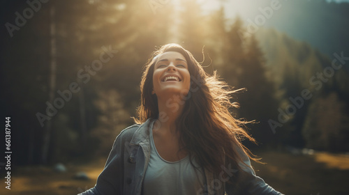 happy girl enjoying freedom and ease in the forest. fresh air, healthy lifestyle and unity with nature. ai generative