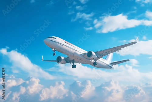 Passenger airplane flying on blue sky, low angle view