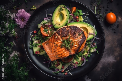 Top view of dish grilled salmon steak with avocado and tomatoes, herbs citrine, menu recipe background, cooking book idea, generative ai