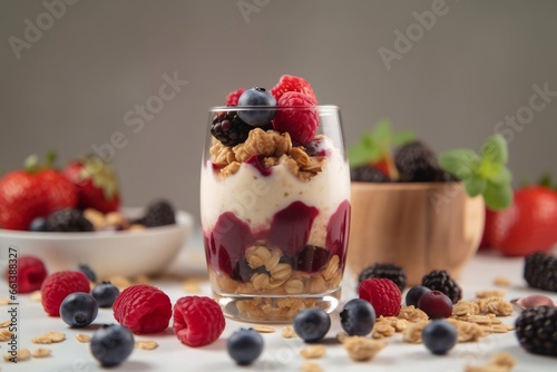 Yogurt granola parfait with blueberry  layer dessert in glass  copy space  generative ai