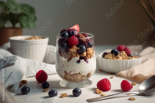 Yogurt granola parfait with blueberry, layer dessert in glass, copy space, generative ai