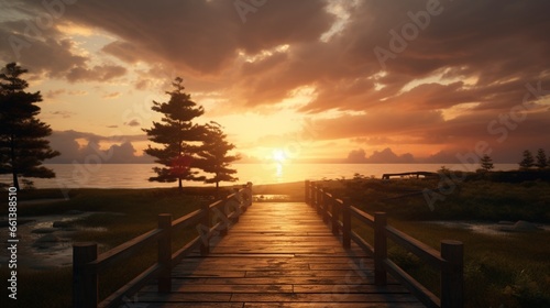 a serene sunset and a wooden pathway © Azli art