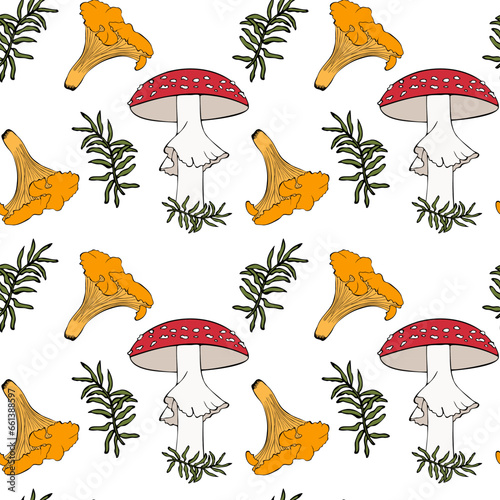 Pattern with poisonous fly agaric mushrooms and edible chanterelles and moss sprigs on white background.