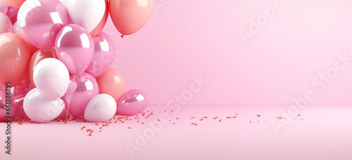 Pastel balloons on pink background, New year, Christmas and Birthday party background, Copy space