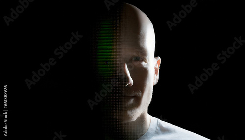 A conceptual image depicting cyber security, digital identity, and surveillance, showing a white bald man partially merged into a digital black background photo