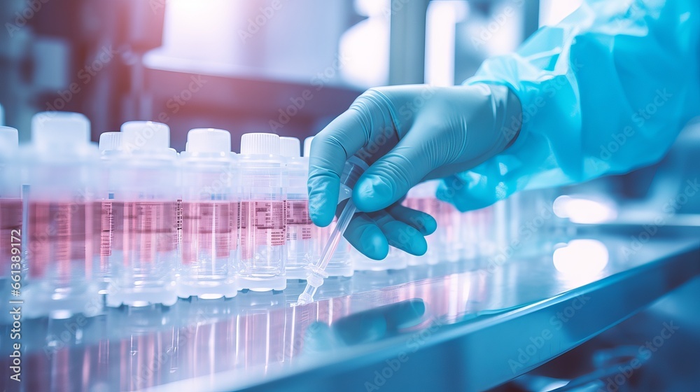 Hand in gloves inspecting medical vials on a pharmaceutical production line, close-up view of machine and glass bottles Hand in gloves inspecting medical vials on a pharmaceutical production line, close-up view of machine and glass bottles