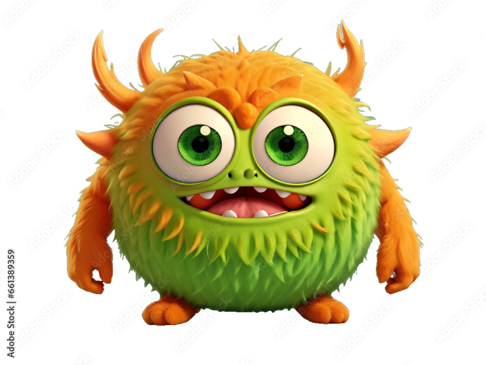 Cute and funny green monster 3D cartoon character on transparent background. Generative Ai.
