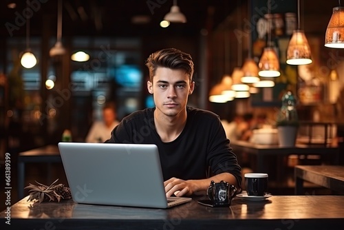 Young man working on a laptop in a coffee shop, drinking coffee, smart working concept, ai generative 