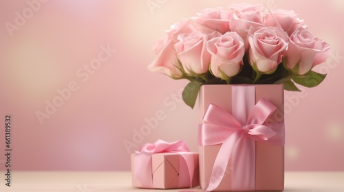 Beautiful bunch of pink roses in a vase  a gift box  and a satin ribbon on a table with a pale pink background. Birthday  nuptials  Valentine s Day  Mother s Day  and Women s Day. the front.