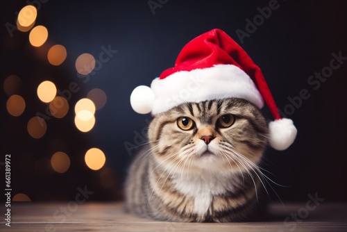 Cute cat wearing in a red santa hat. AI generated