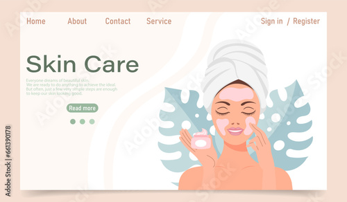 Facial skin care concept. Landing page template. A woman makes cosmetic spa procedures for her face. Morning routine. Eye patches, cosmetic masks, cream, massage. Illustration, vector