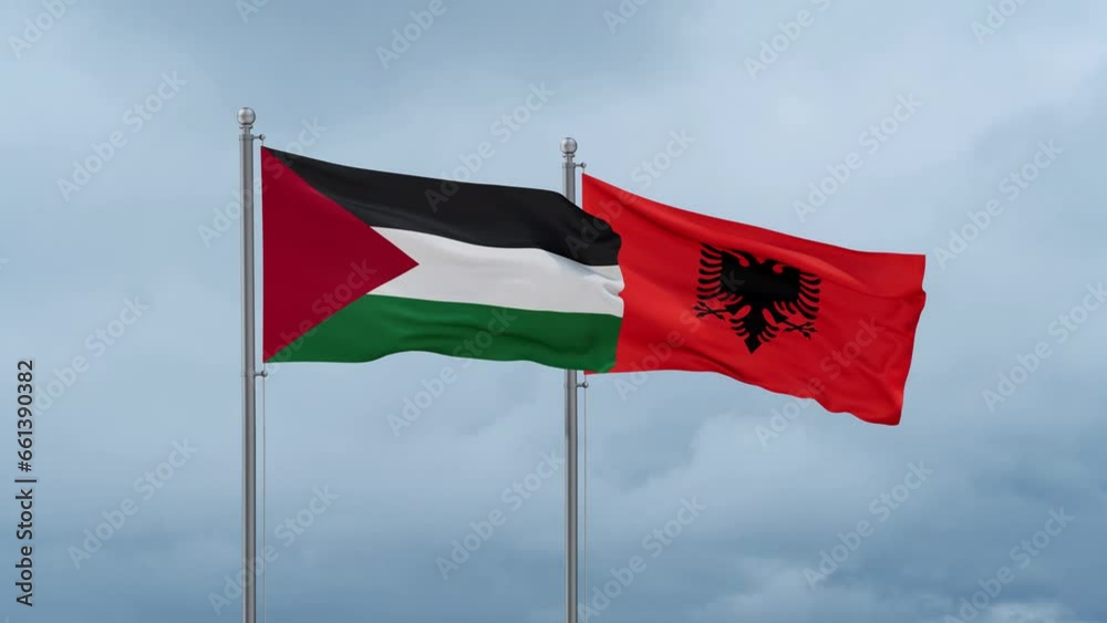 Palestine and Gaza Strip flag and Albania flag waving together on cloudy sky, endless seamless loop Palestine and Gaza Strip flag and Albania flag waving together on cloudy sky, endless seamless loop
