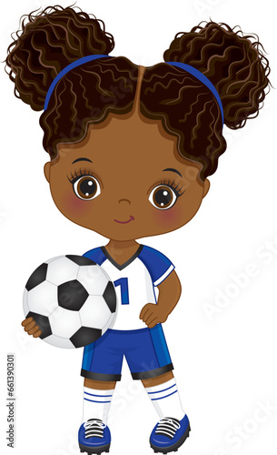 Cute Little African American Girl Playing Soccer. Vector Football Player