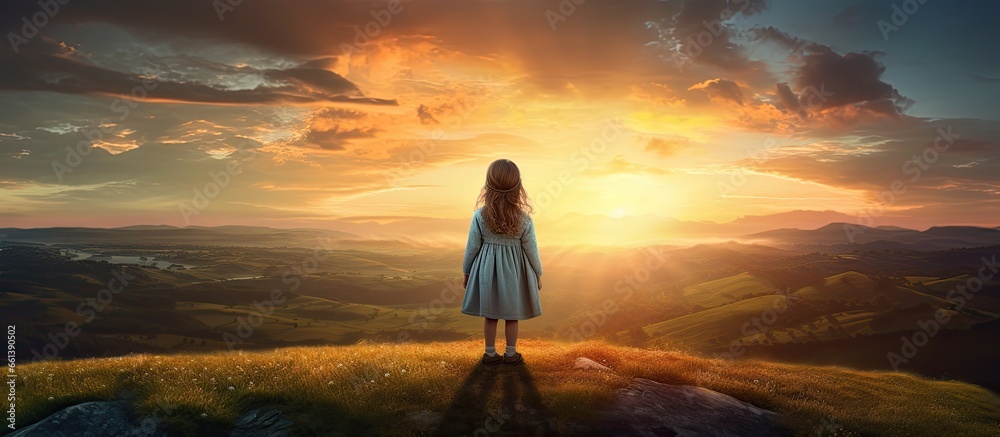 Observing the sunset a young girl stands on a hill With copyspace for text