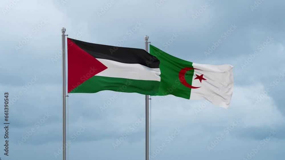Palestine and Gaza Strip flag and Algeria flag waving together on cloudy sky, endless seamless loop