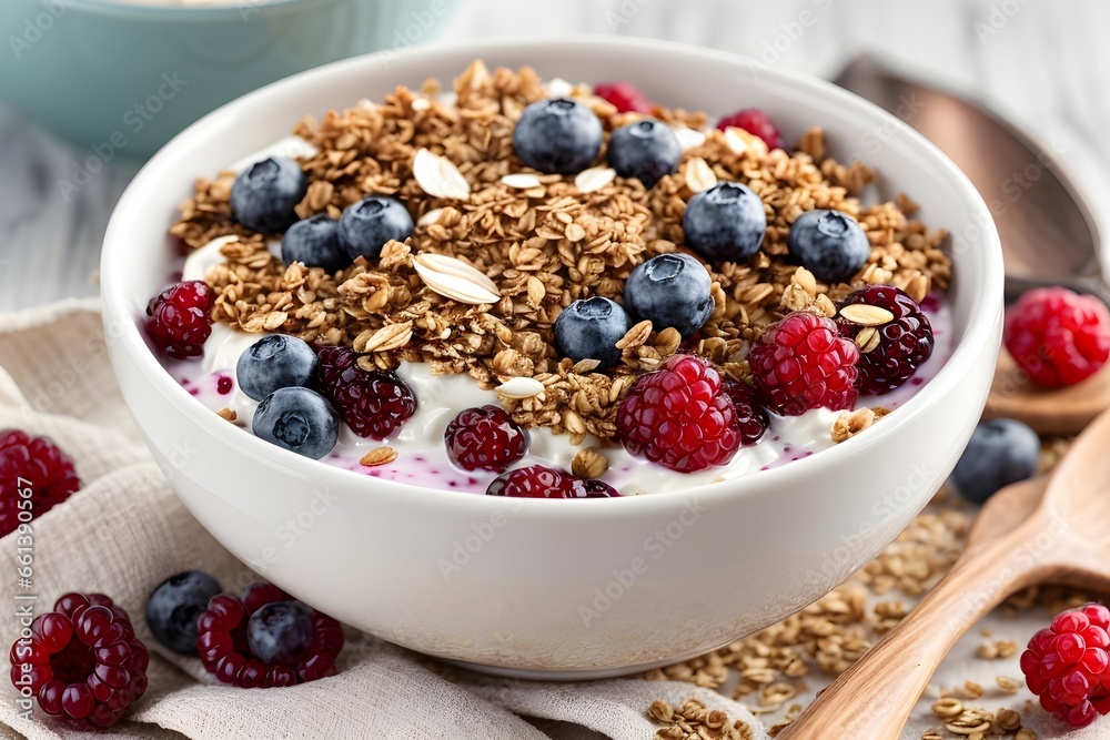 Oatmeal with berries. Muesli with berries. Generative AI.