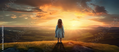 Observing the sunset a young girl stands on a hill With copyspace for text